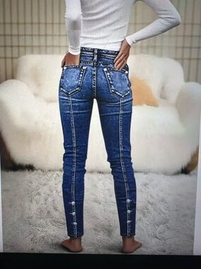 Flamingals button side stitch  mid-rise Skinny Jeans - Dark Blue XL